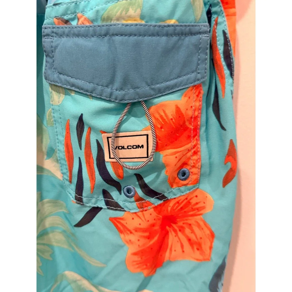 Volcom Boys Teal Orange Hibiscus Floral Board Shorts Swim Trunks Size S 8 10